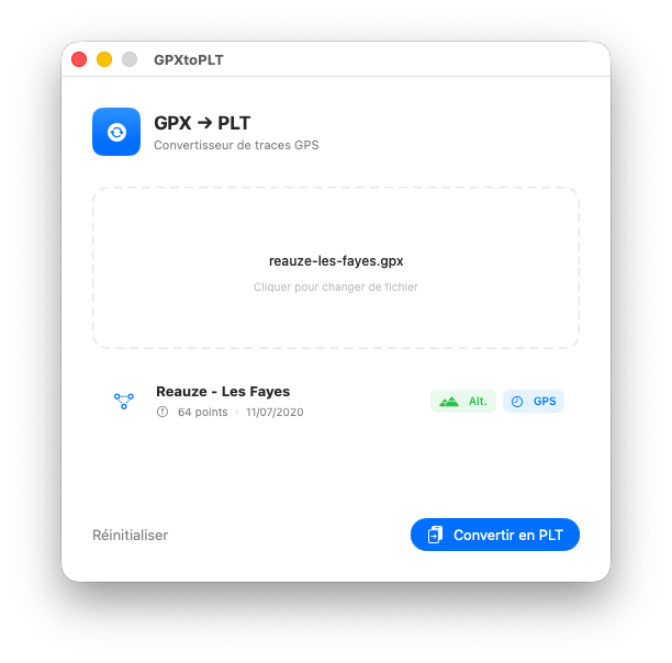 Aperçu de l'application GPX → PLT
